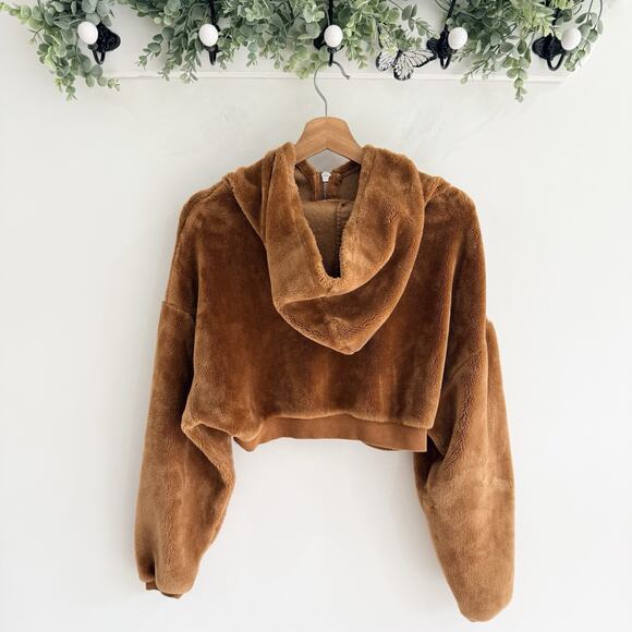 BDG Urban Outfitters Fuzzy Cropped 1/4 Zip Jacket with Hood Teddy Brown Size XS - Picture 2 of 6